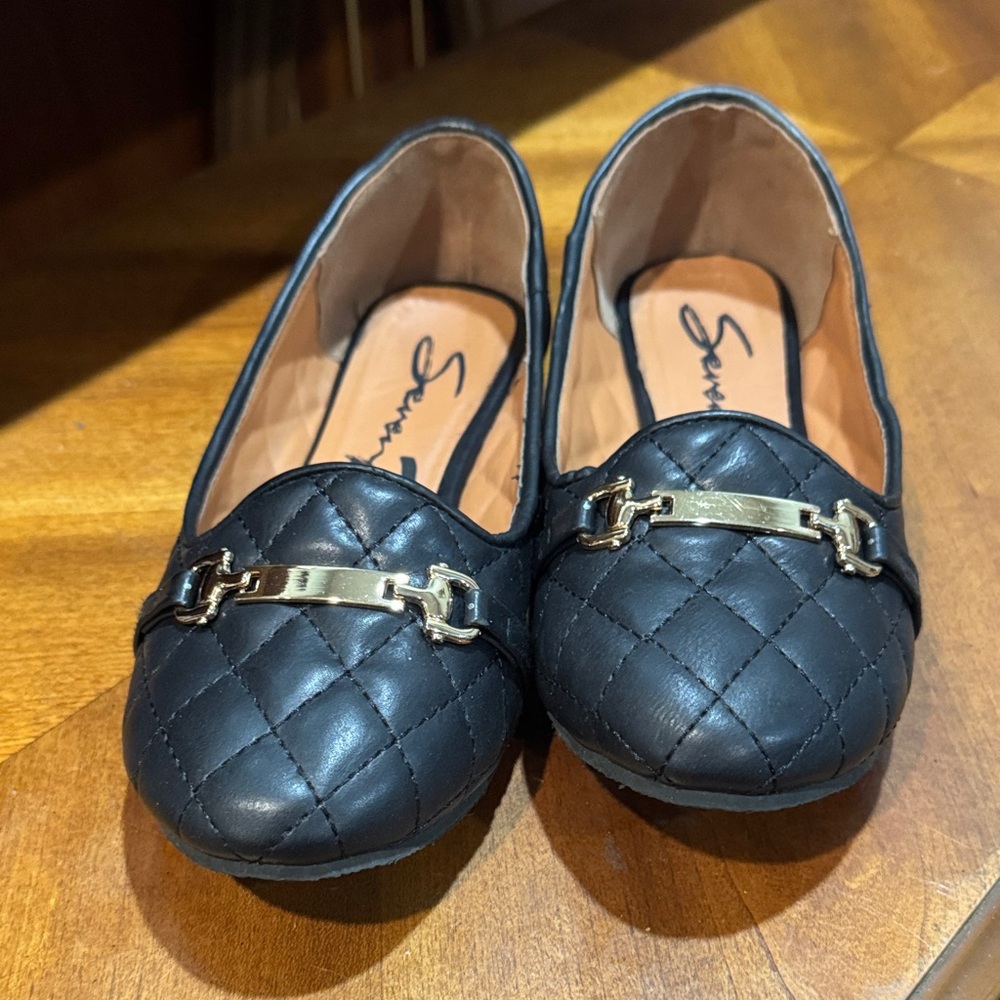 Black Quilted Loafers with Gold Accent